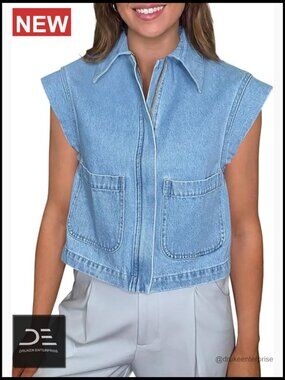 Women's Zip Up Denim Vest Top Cap Sleeve Cropped Jean Vest Jacket